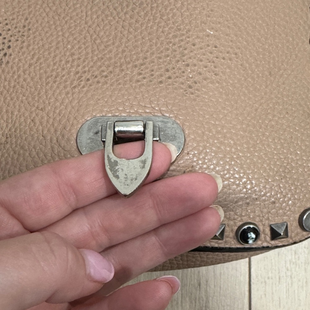 VALENTINO Studded Taupe Crossbody Bag with Patterned Strap Purse Damaged - Picture 5 of 15